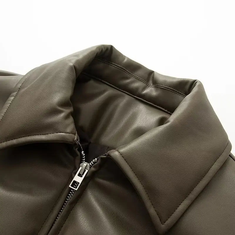 Women Green Leather Cropped Jacket Coat Vintage Streetwear Motorcycle Mustang Jacket 2000s Vintage Warm Thicke Outerwear Autumn