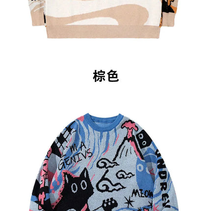 2026 Spring/Summer Men's and Women's Retro Cartoon Pattern Knitted Sweater - Loose and Comfortable Long-Sleeved Knitted Sweater