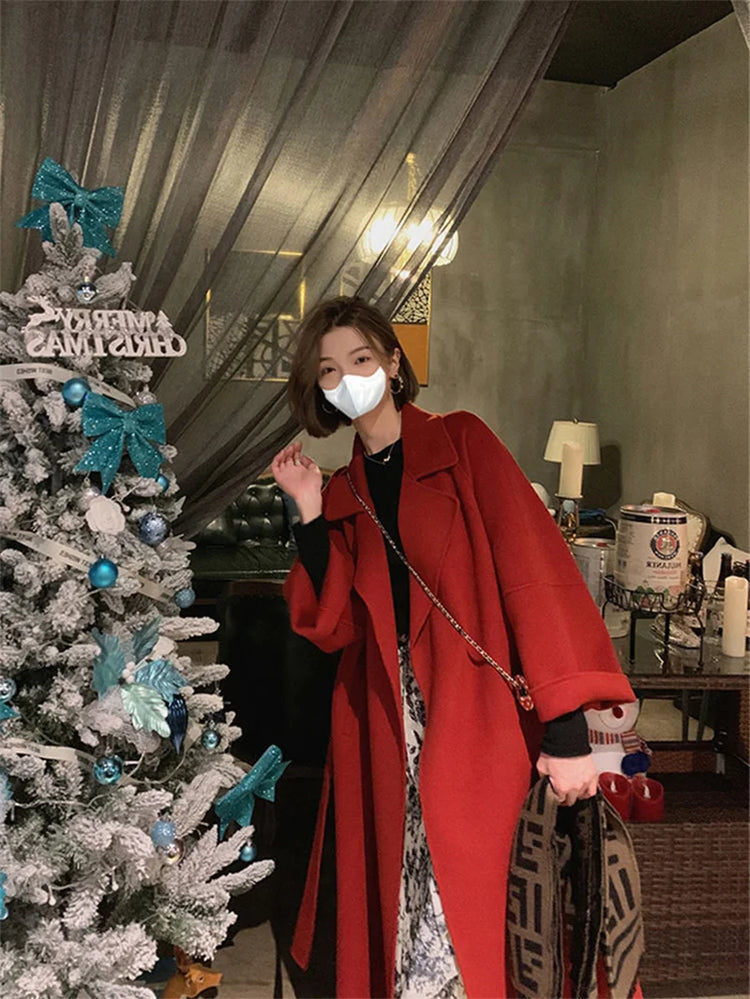 Double-sided Cashmere Big Collar Women's Coat 100% Pure Wool Reversible Woolen Coat High-End Fashion Loose Women's Wear 2026