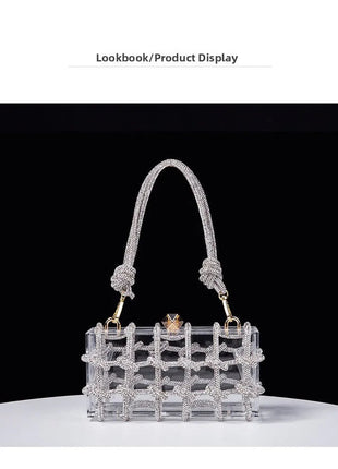 Classic 2025 Acrylic Box Bag with Woven Diamond Rope Handheld Evening Women's Bag Transparent Dinner Handbag European Style PlatiNum