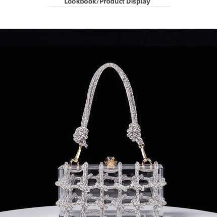 Classic 2025 Acrylic Box Bag with Woven Diamond Rope Handheld Evening Women's Bag Transparent Dinner Handbag European Style PlatiNum
