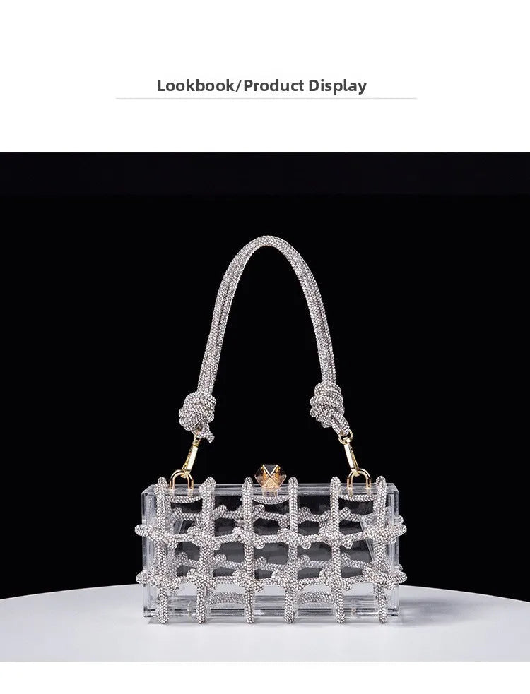 Classic 2025 Acrylic Box Bag with Woven Diamond Rope Handheld Evening Women's Bag Transparent Dinner Handbag European Style PlatiNum