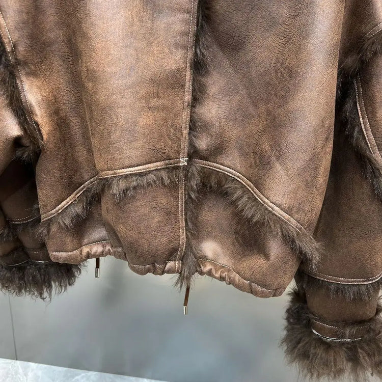 Winter Faux Lambskin Lapel Long-sleeved Inner Liner Thickened Fur One-piece Cotton-padded Jacket Street Fashion Warm Women Coat