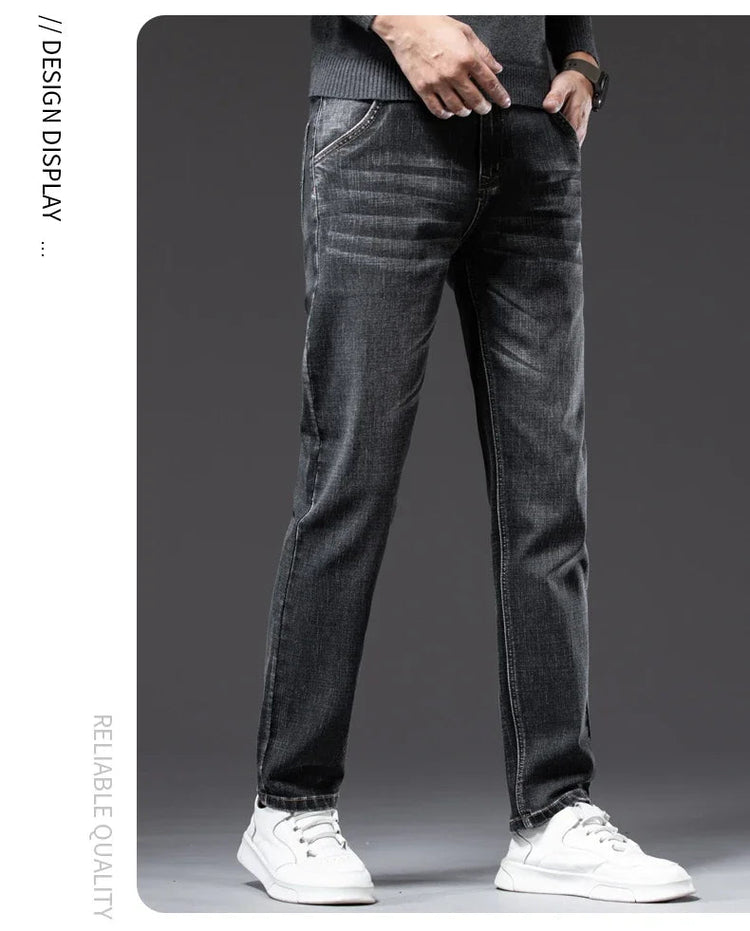 Autumn Men's Business Straight Fit Jeans Vintage Blue Smoke Gray Stretch Trousers Soft Comfortable Fabric Denim Pants Male PlatiNum
