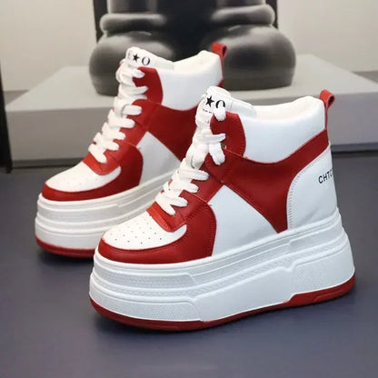 10CM 12CM 14CM High Top Leather Women Autumn Spring Platform Wedge Women Fashion Sneakers Chunky Shoes Vulcanize Skateboard - PlatiNum