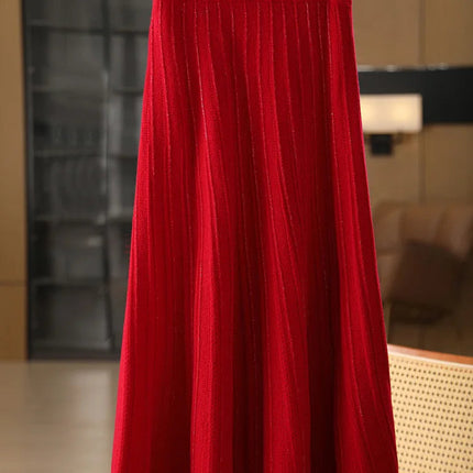Women's Wool Skirts A-Line Pleated Cashmere Skirt Autumn Winter Elastic Waist 100% Merino Wool Knitted Bright Silk Style Dress PlatiNum