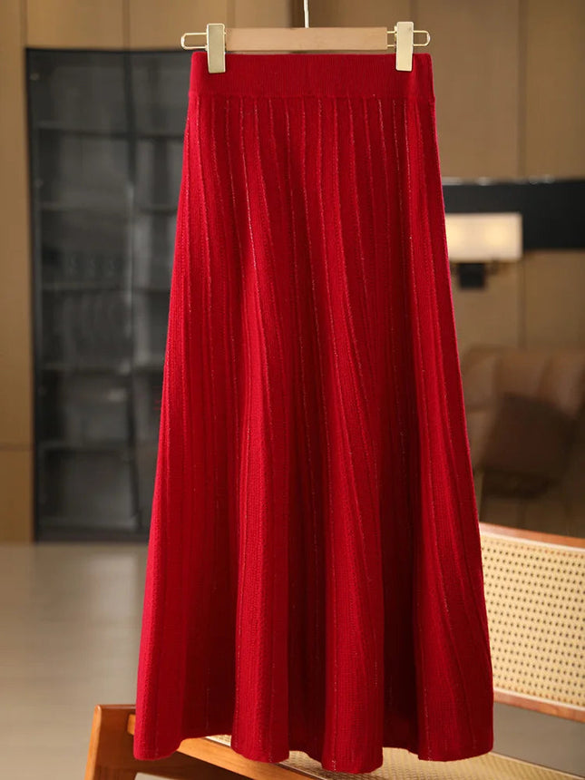 Women's Wool Skirts A-Line Pleated Cashmere Skirt Autumn Winter Elastic Waist 100% Merino Wool Knitted Bright Silk Style Dress PlatiNum