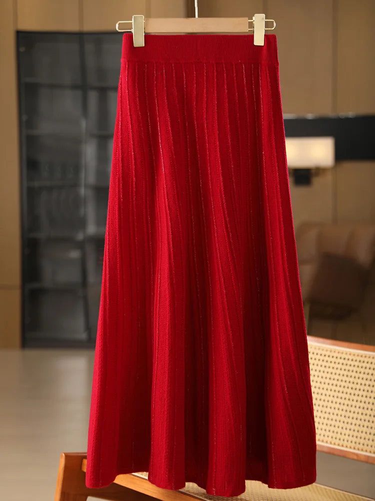Women's Wool Skirts A-Line Pleated Cashmere Skirt Autumn Winter Elastic Waist 100% Merino Wool Knitted Bright Silk Style Dress PlatiNum
