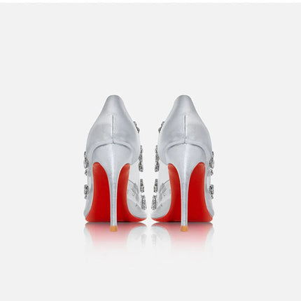 Red sole transparent pointed head sexy female stiletto high heels wedding shoes silver rhinestone crystal fairy style new 2024 PlatiNum
