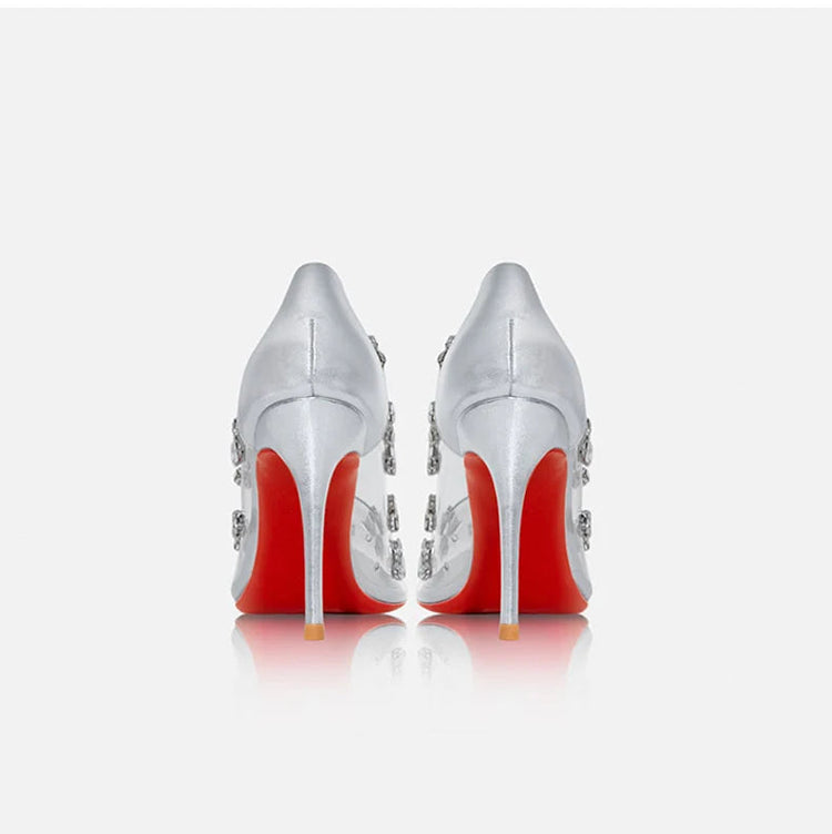 Red sole transparent pointed head sexy female stiletto high heels wedding shoes silver rhinestone crystal fairy style new 2024 PlatiNum