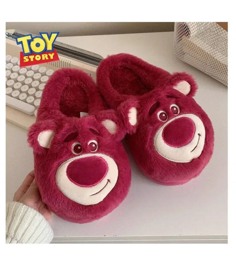 Fashion Strawberry Bear Girl Plush Cotton Slippers for Winter Warmth Indoor with Soft Plush Leisure Cotton Slippers Gifts