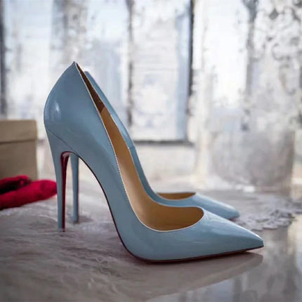 Tacchi altissimi personalizzati multicolori da 12 cm, pelle verniciata bianca nuda, suola rossa sexy, scarpe sottili a punta per ordine singolo platinumshop