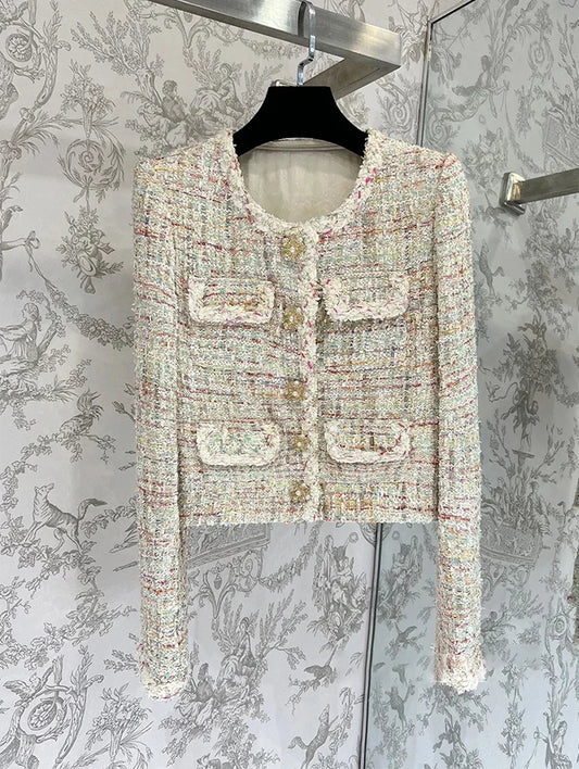 Women Tweed Jacket Elegant Buttons Up Cardigan Coat Female Long Sleeve Tassel Office Outerwear Autumn Winter Chic Overcoat