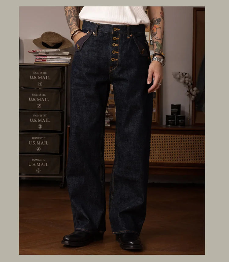 Red Tornado Retro Heavy 18oz Raw Selvedge Denim Pants Sanforized Button Fly High Waist Flap Pocket Carpenter Style Jeans