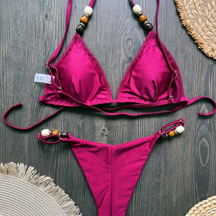 Sexy marrone bikini set 2026 donne perle cinturino foro fuori reggiseno push up perizoma costume da bagno brasiliano spiaggia costume da bagno micro costumi da bagno platinumshop