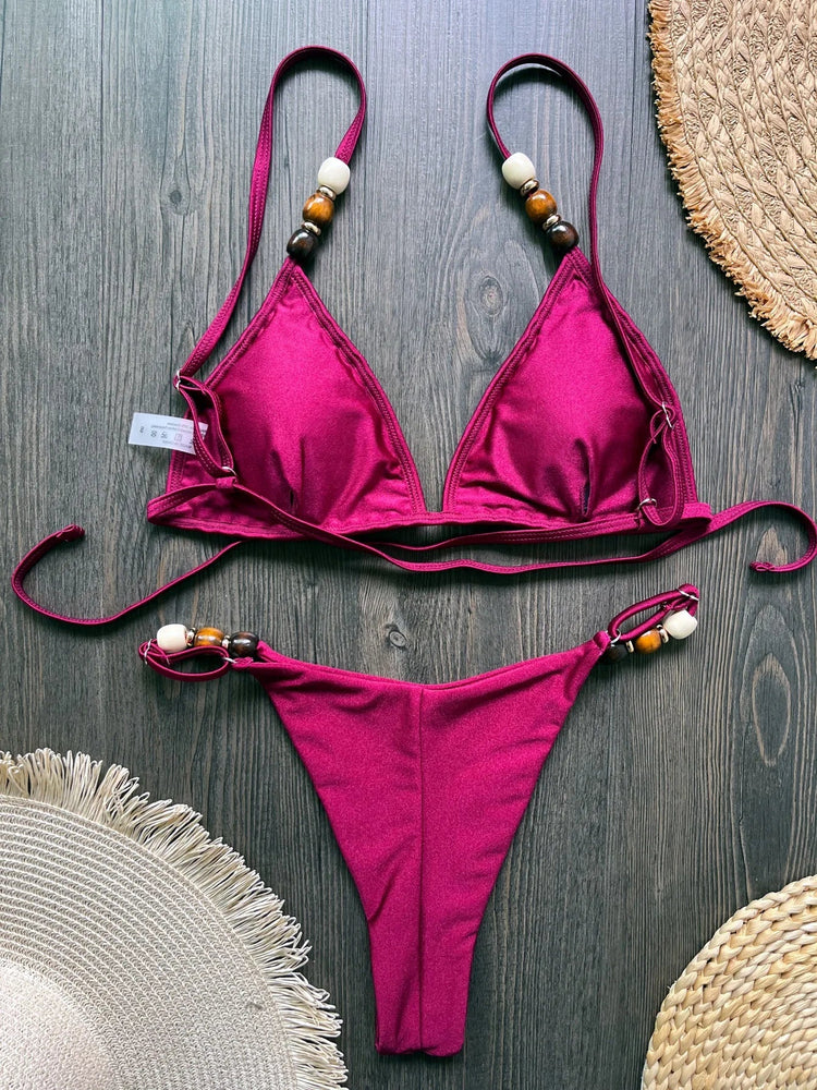 Sexy marrone bikini set 2026 donne perle cinturino foro fuori reggiseno push up perizoma costume da bagno brasiliano spiaggia costume da bagno micro costumi da bagno platinumshop