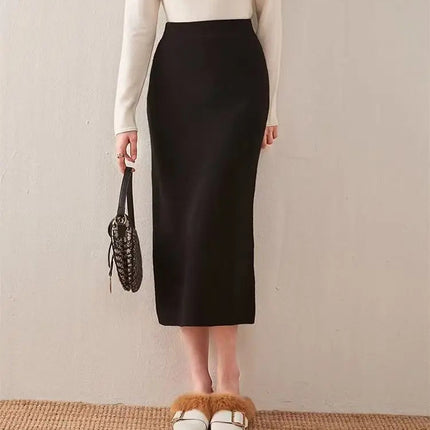 Korean Winter Cashmere Knitted Long Skirts For Women Fashion Mid-length High Waist A-line Skirts Female Wool Bottoms PlatiNum