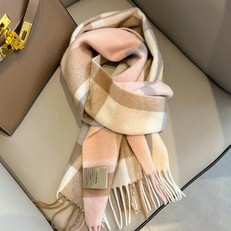 High Quality 100% Pure Wool Scarf Women Classic Chic  Autumn Winter Colorful Plaid Tassel Warm Muffler Female Thermal Shawl Lady