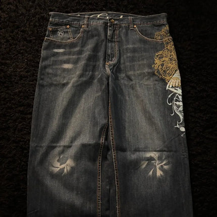 American New Fashion modello oversize ricamato jeans larghi uomo Y2K gotico Harajuku Hip Hop pantaloni dritti a vita alta a gamba larga