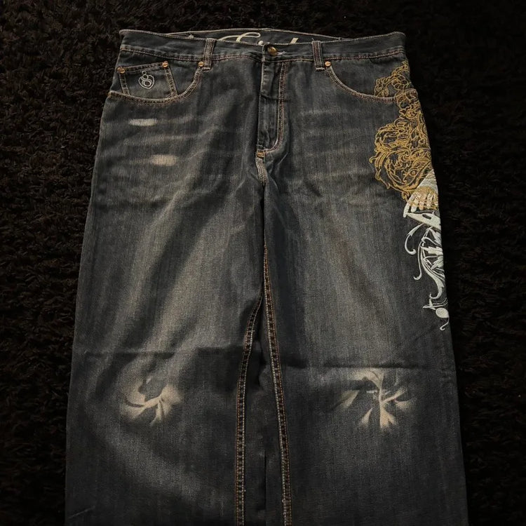 American New Fashion modello oversize ricamato jeans larghi uomo Y2K gotico Harajuku Hip Hop pantaloni dritti a vita alta a gamba larga