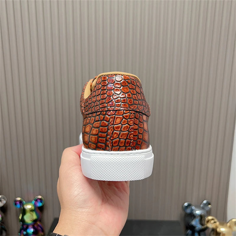 Leather Sneakers Men Calfskin Alligator Pattern Casual Shoes Lace Up Flats Daily Footwear