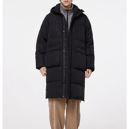 Metersbonwe Men's Long Hooded Down Jacket  Male Stand Collar Jacket with Hem Side Zipper Letter Printing Duck Down Padded Brand