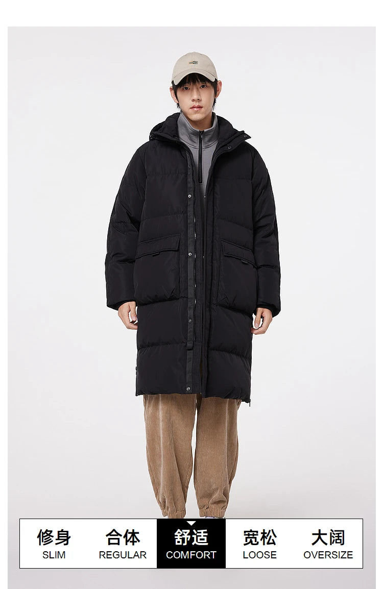 Metersbonwe Men's Long Hooded Down Jacket  Male Stand Collar Jacket with Hem Side Zipper Letter Printing Duck Down Padded Brand
