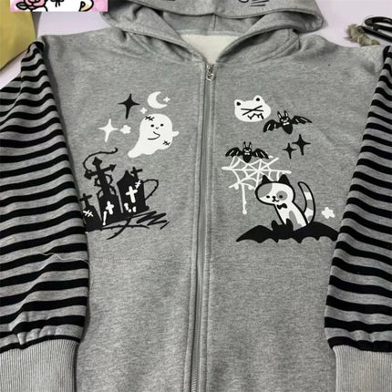 Cat Ear Hooded Sweatshirts Jackets Women Clothing Y2k Tops Patchwork Striped Anime Hoodie Ropa Mujer Casual Fashion Hoodies Coat