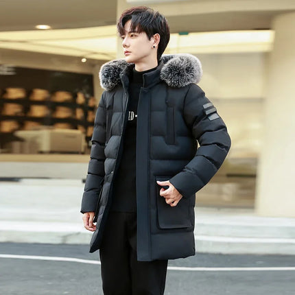 Windproof Breathable Thick Padded Down Winter Thick Windproof Warm with Hat Long Cotton Goose Down Men's Woman Outdoor