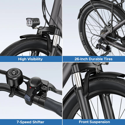 HillMiles MileCity 1 Bicicletta Elettrica Step-Through da 26 Pollici, E-Bike con Autonomia di 120 km, Motore da 250W, Batteria 36V 13Ah, 25 km/h, Cambio a 7 Velocità, Freni a Disco, Bici Elettrica per Pendolarismo Urbano, Sp