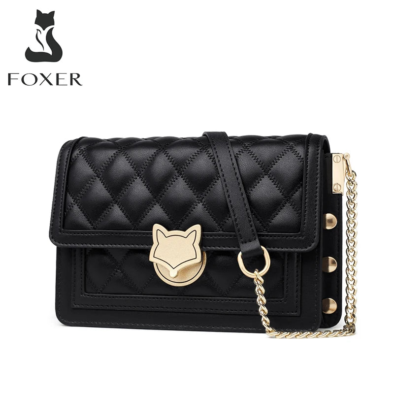 FOXER Women Split Leather Messenger Bags New Designe Lady Stylish Chains Lattice Shoulder Crossbody Bag Female Classical Flap