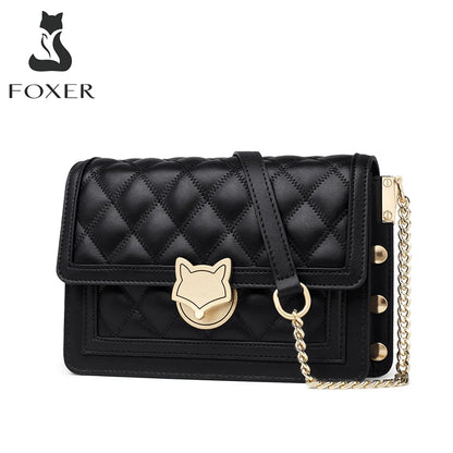 FOXER Women Split Leather Messenger Bags New Designe Lady Stylish Chains Lattice Shoulder Crossbody Bag Female Classical Flap