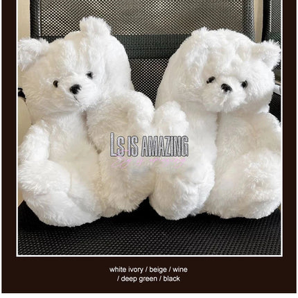 Cute Teddy Bear Plush Winter Slippers, Wrapped Heel Funny Indoor Floor Shoes, Women Gift, Warm Soft Cartoon Fluffy Animal Slippe