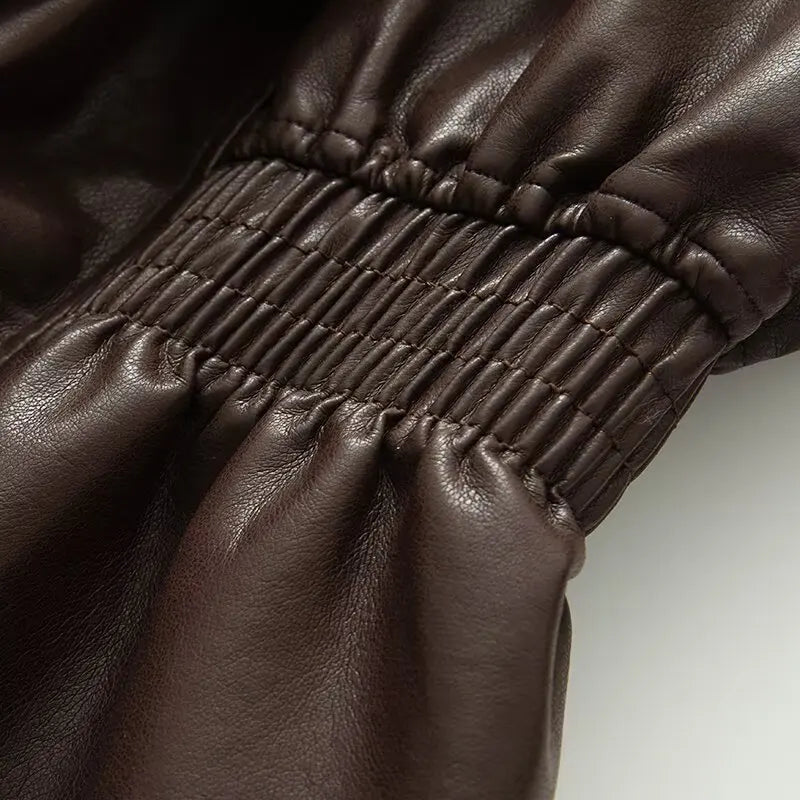 Vintage Elastic Waist Cinching Brwon Leather Jacket Women Casual Lapel Zipper Pu Coat Lady Autumn Outdoors Highstreet Outwear