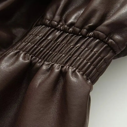 Vintage Elastic Waist Cinching Brwon Leather Jacket Women Casual Lapel Zipper Pu Coat Lady Autumn Outdoors Highstreet Outwear