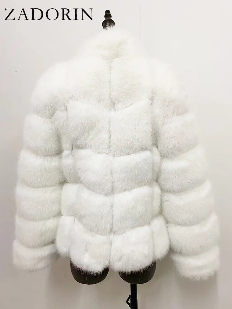 ZADORIN Winter Clothes For Women Stand Collar Splicing Long Sleeve Faux Fur Coat Women Black White Fluffy Jacket Faux Fur Coats