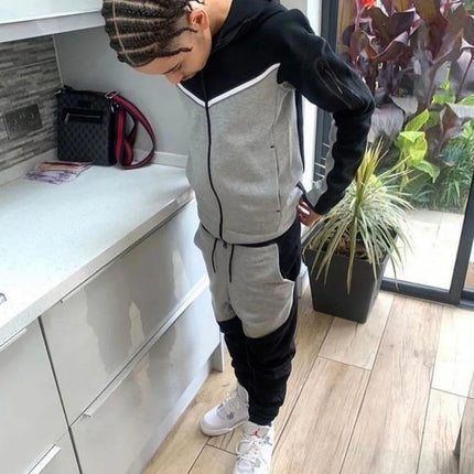 Spring and Autumn New Men's Set Western Style Outdoor Sports Casual Men's Clothing Long Sleeve Hooded Jacket Pants Suit PlatiNum