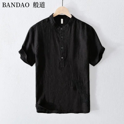 Men's High-End Loose Spring and Summer Chinese Style Short-Sleeved Cotton Linen Casual Breathable Shirt Collar T-shirt