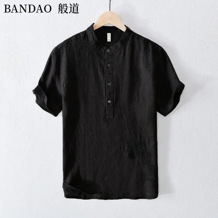 T-shirt con colletto della camicia traspirante casual in lino di cotone a maniche corte da uomo di fascia alta allentata primavera ed estate in stile cinese