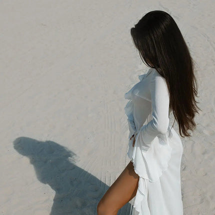 Sexy scollo a V increspato manica lunga Nero Bianco Nuova tunica in chiffon Beach Cover Up Cover-up Abito Protezione solare Beachwear Abbigliamento donna platinumshop