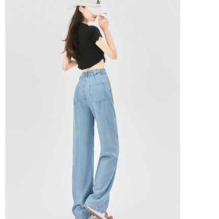 Jeans estivi donna seta ghiaccio vita alta blu sciolto moda coreana semplice tempo libero tutto-fiammifero quotidiano gamba larga elegante Trendy Chic