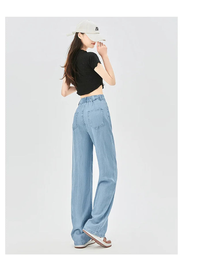 Jeans estivi donna seta ghiaccio vita alta blu sciolto moda coreana semplice tempo libero tutto-fiammifero quotidiano gamba larga elegante Trendy Chic