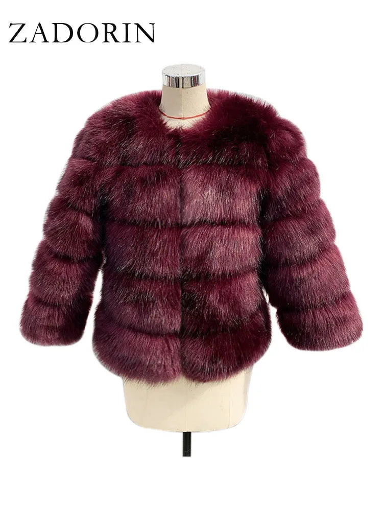 ZADORIN High Quality Faux Fox Fur Coat Women Luxury Fluffy Warm 3/4 Sleeve Fur Jacket for Women Winter Short Mink Coat Outerwear