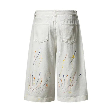 IEFB Niche Pantaloncini in denim da uomo con schizzi di vernice, casual, a gamba larga, alla moda, vestibilità ampia, lunghezza al ginocchio, 9X3271