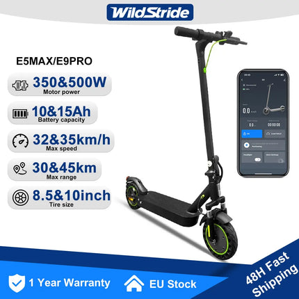 Monopattino Elettrico Wildstride 350W/500W con Motore Potente, Autonomia 30&45km, Batteria 15ah, Pneumatici da 10 Pollici, Velocità 35km/h, Pieghevole, App Intelligente, per Adulti, Modello E5max