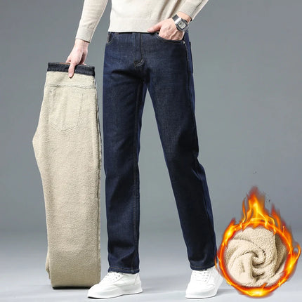 Winter Thermal Fleece Stretch Jeans Mens Business Casual Brand Fleece Pants Men Straight Flocking Thick Trousers Blue Black