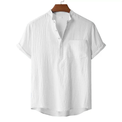 Men's Summer Cotton Linen T-Shirt, Beach Style, Short Sleeve, Henley Neck, for Vacations, Casual, Lightweight, Breathable and Comfortable