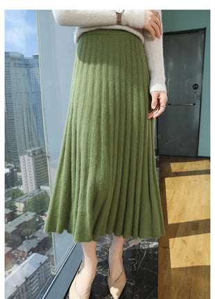 Autumn And Winter Fashion Mink Cashmere Mid Length High Waist Skirt For Women, Knitted Umbrella Skirt, Fashionable Pleated Skirt PlatiNum