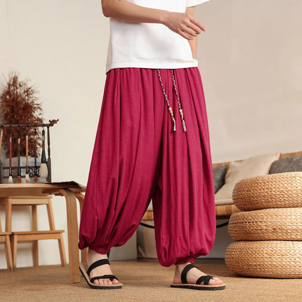 Pantaloni Larghi in Lino da Uomo, Tinta Unita, Casual e Comodi, Stile Harun, Moda Harajuku, Taglie Fino alla 8XL