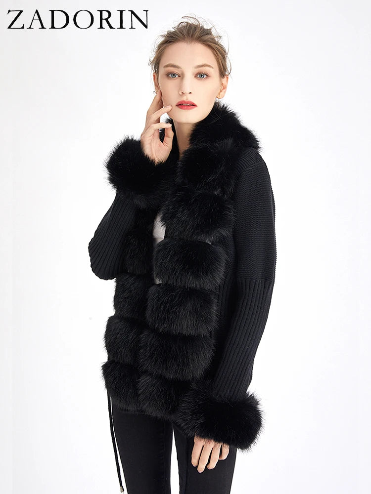 ZADORIN Luxury Fur Cardigan Knit Winter Sweater Women Elegant Detachable Fur Belt White Pink Black Womens Cardigan Korea Style